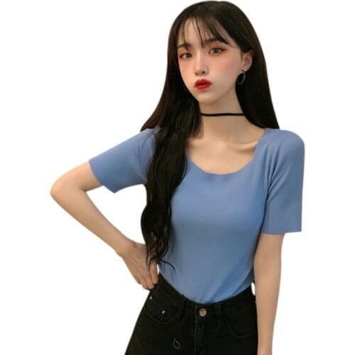 Women Solid Color Tshirt Summer Short Sleeve Korean Style Ladies Slim Fit Basic Tee One Size