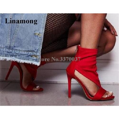 Linamong Women Fashion Open Toe Suede Leather Thin Heel Sandals Cut-out Back Zipper-up Red Black High Heel Sandals Dress Shoes