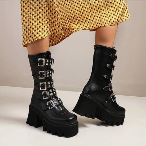 Winter Gothic Punk Womens Platform Boots Black Buckle Strap Zipper Creeper Wedges Shoes Mid Calf Military Combat Boots Women