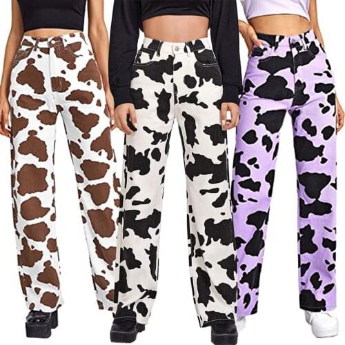 Women’s Korean Wide Leg Jeans Fashion Cow Pattern Printing High-waist Denim Pants with Pocket