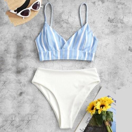 Women Two Piece Bikini Set 2021 New Fashion Stripe Print Hight Waist Swimwear Female Bathing Suit Beachwear Maillot De Bain