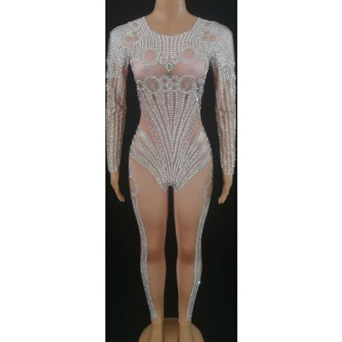 Women Rhinestones Skinny Jumpsuit Long Sleeve Elastic Leotard Birthday Prom Crystal Stage Outfits Nightclub Bar Singer Costume