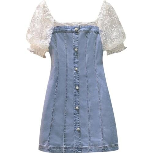 Plus Size Female Jeans Dress 2021 Summer New Women Dress Denim Stitching Lace Short-Sleeved Square Neck Lady Street Denim Dress