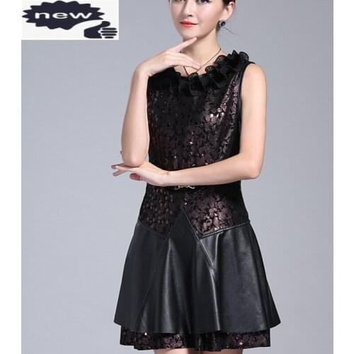 Elegant Lady Genuine Leather Lace Floral Collar Dress For Women Retro Patchwork Sleeveless Pleated Office Formal Party Vestidos