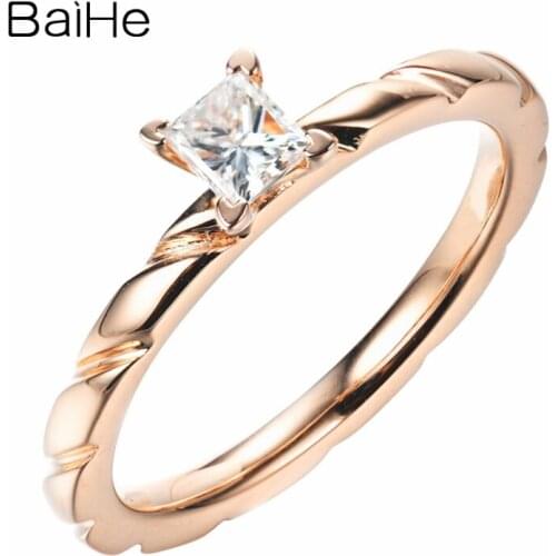 BAIHE Solid 14K Rose Gold 0.30ct Princess Natural Diamond Wedding Women Trendy Fine Jewelry Beautiful square diamond Ring