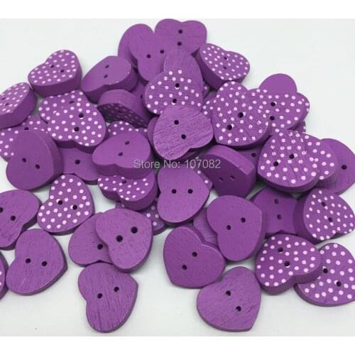 200pcs Purple With White Dots Wood Heart Shape Spotted Buttons 2 Holes Sewing Button Embellishments 15mm Cardmaking Scrapbooking