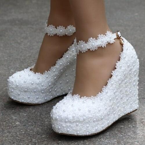 2020 New White Wedges Wedding Pumps Sweet White Flower Lace Pearl Platform Pump Shoes Bride Dress High Heels