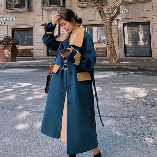 2020 Winter Over Knee Turn-down Collar Long-sleeved Patchwork Panelled Straight Minimalist Woolen Overcoat With Belt C624