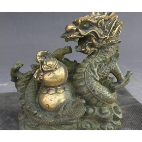 6" Chinese Bronze Gild Fengshui Zodiac Year Dragon Loong Bottle gourd Statue