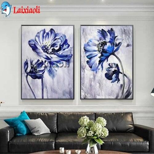 Diamond painting cross stitch blue flowers full square round drill embroidery rhinestones diamond 2 pcs set for living room art