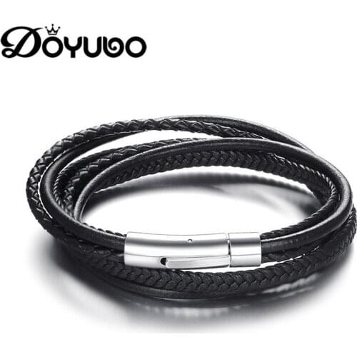 DOYUBO Fashion Style Genuine Leather Many Strings Bracelets For Men Cool Punk Design Male Stainless Steel Leather Bangles DD053