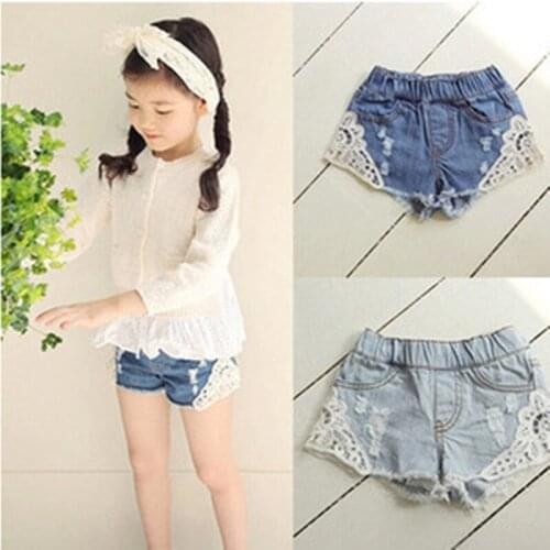 2020 NEW Summer Fashion Girls Lace Denim Pocket Short Jeans Pants Baby Casual Trousers Kids Shorts Childrens Clothing 2-13 yrs