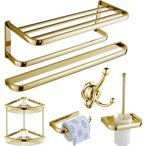 European Copper Gold Towel Rack Hotel Bathroom Rack Hook Paper Frame Mirror Plating Soap Dish Bathroom Hardware Pendant Set