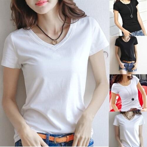 2021 Spring Summer Women Cotton T-shirt Black V-Neck Short Sleeve Female Tee Slim White T-Shirt Casual Solid Lady Tshirt Tops