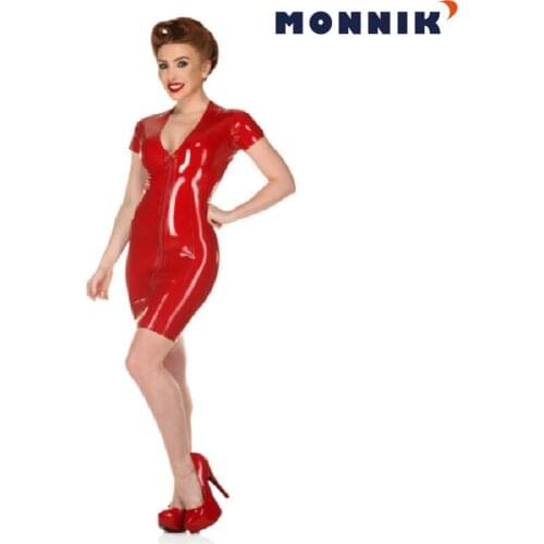 MONNIK latexSexy Latex Rubber V-collar Dress with Front Zipper Gummi 0.4mm for Club Wear