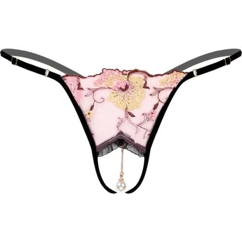 Mens Panties Pearl Crotchless Thongs Flower Embroidery Low Rise Adjustable Waistband Sissy Male Gay Underwear Sexy Lingerie