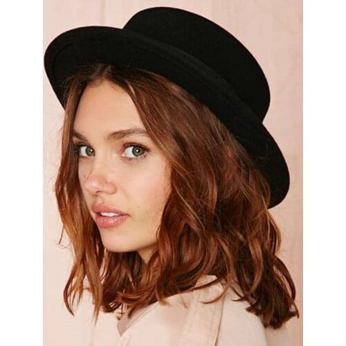 Brand New Wool Boater Flat Top Hat For Womens Felt Wide Brim Fedora Hat Laday Prok Pie Chapeu de Feltro Bowler Gambler Top Hat