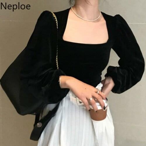 Neploe Retro Gold Velet Square Collar Puff Long Sleeve Short T Shirt Solid Slim Fit Temperament Autumn Spring New Tee 2021 47618