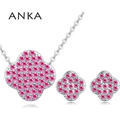ANKA simple clover shape stud earrings necklace set for woman with micro paved CZ crystals fashion jewelry set gift #128938