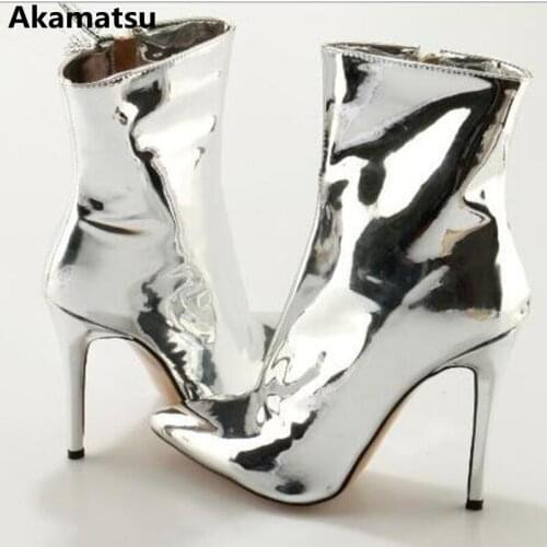 Luxury shoes women designers patent leather over the knee boots high heel metallic silver mirror motorcycle botines runway shoe