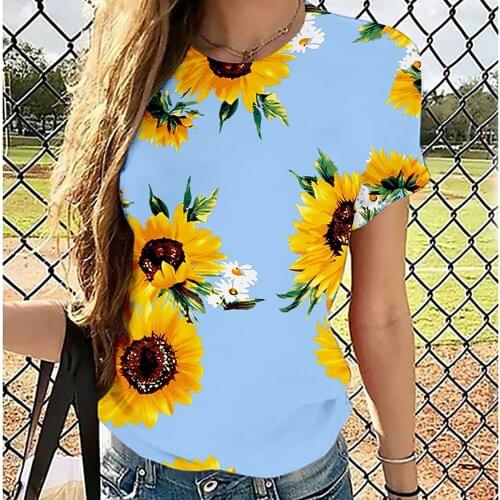 Sunflower Printed Blusas Elegantes For Women Short Sleeve Plus Size Tops 2021 Summer Fashion Pattern Printed Clothes Blusas