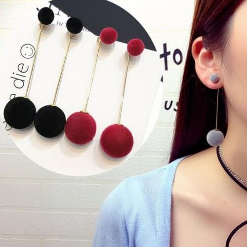 Red Black Gray Plush Ball Drop Earrings Fashion Korean Jewelry Simple Sweet Round Long Tassel Earrings Statement Jewelry Gift