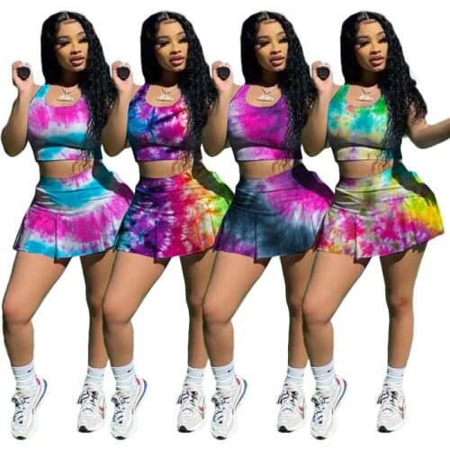 Sports Tank Culottes Two-piece Suit Summer Women Dress Sets Tie-dye Print Sexy Casual Club Slim Tennis Running Ladies Dresses
