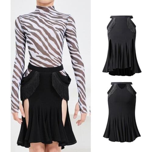 New Girls Latin Dance Skirt Hollow Out Black Fringe Skirts Latin Practice Dancewear Professional Children Dance Costume DNV15291