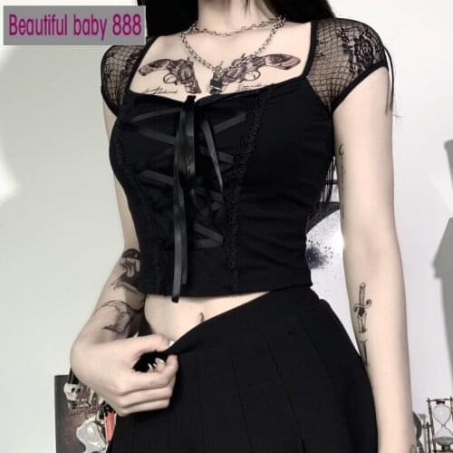 Meqeiss 2021 New Tops Goth T-shirt Women Bodycon Bandage Lace Black T-shirts Gothic Streetwear Sexy Female Top Casual Mesh Tee