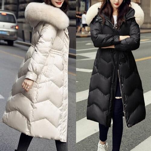 Big Fur collar Long Down Jacket Women Winter Jacket New Waist Drawstring White Duck Down Outerwear Hooded Parka Overcoat Tide