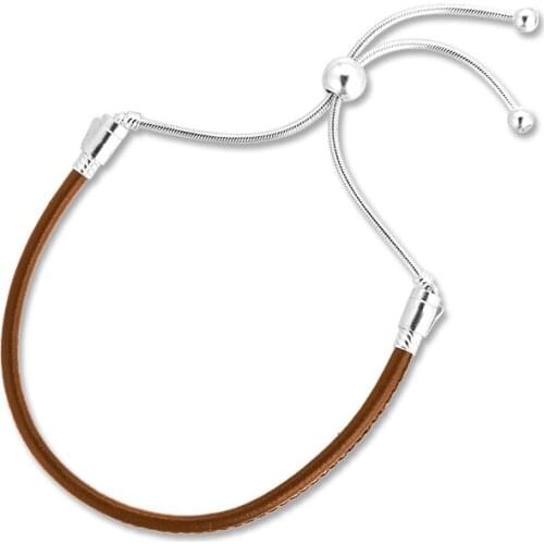 CKK Sliding Golden Tan Leather Bracelet 925 Sterling Silver Clear CZ Charm Bracelets for Women Fine Jewelry Accessories Bijoux