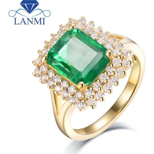 Ring Sizes For Women Natural 7x9mm Emerald Real 18Kt Yellow Gold Genuine Diamonds Anniversary Engagement Femme Rings Jewelry
