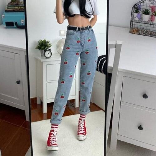 2021 New Fashion Cherry Embroidery Sweet Casual Jeans Harajuku High Waisted Female Straigh Jeans Streetwear Fashion Denim Trouse