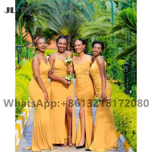 2021 Yellow Mermaid Bridesmaid Dresses Long Spaghetti Straps Wedding Party Gown Elastic Satin Women African Bridesmaid Dresses