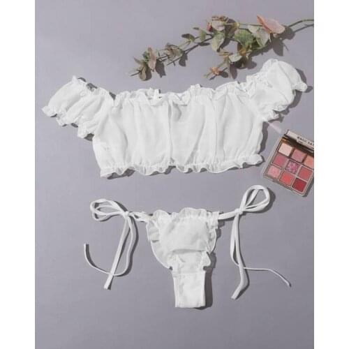 2021 Sexy Lingerie Set Sexy Ruffles Ruched Mesh Sheer Tops and Lace Up Panties See-through Lingeries for Honeymoon Exotic Set