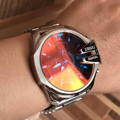 Brand Mens Sports Chronograph Watch Silver Steel Strip Quartz Sport Refractive Glass Creative Business Watch Relogio Masculino