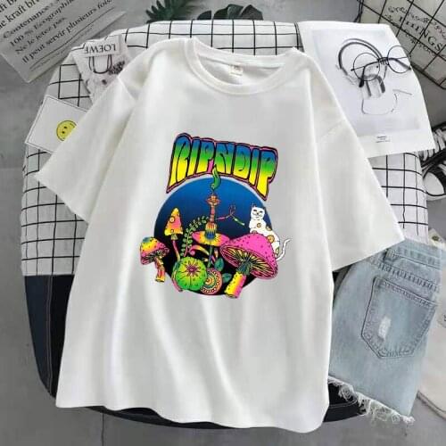Harajuku colorful mushroom kitten print O-neck T-shirt casual streetwear 2021 fashion casual T-shirt women and mens casual tops