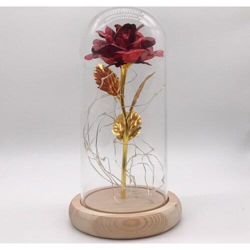 Red In A Glass Dome On A Wooden Base, For Valentines Gifts, LED Lamps, Artificial Plants