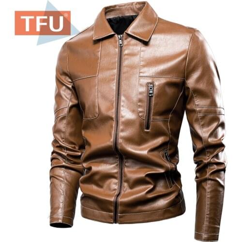 TFU Men Autumn Winter New Business Casual TurtleNeck Fleece Leather Jacket Coat Men 2021 Spring Pockets Faux PU Leather Jackets