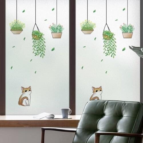 Frosted Window Film Privacy Glass Sticker Cartoon Cat plant Opaque Sticker Home Kitchen Bathroom Toilet Door Static Film