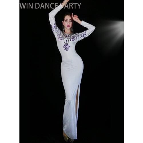 Fashion Floral Crystal Wedding Party Long Dress Women Solid Floor Length Evening Prom Rhinestone Bodycon Dress Singer Stage Wear