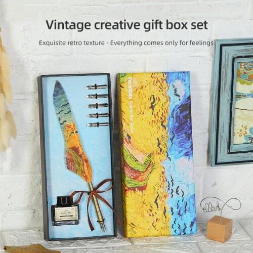 Luxury Calligraphy Feather Dipped Pen Writing Ink Set Stationery Gift Box 5 Pen Quill Pen Metal Pen Set