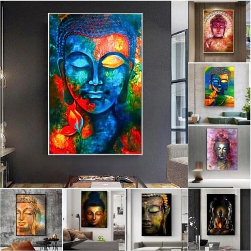 Modern Buddhism Posters Buddha Face Canvas Paintings Colorful Solemn Buddha Image Prints Wall Art Pictures for Living Home Decor