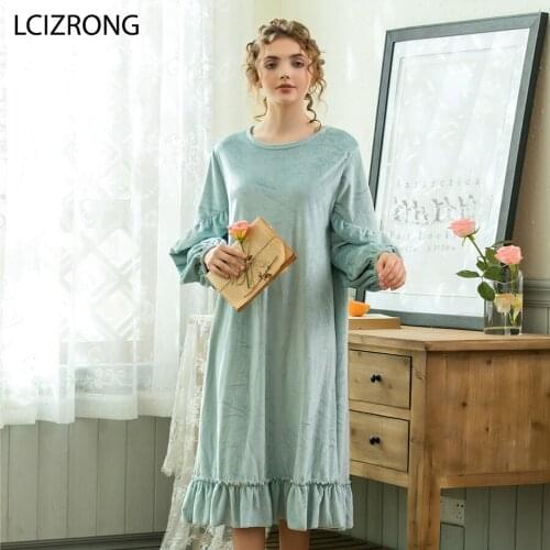 Spring Thick Long Sleeve Sleepwear Dress Women Casual Loose Solid Knee-length Dress Sweet Ruffles High Quality Nightgown