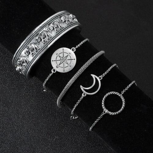 Retro Ethnic Elephant Totem Bangle Creative Hollow Moon Compass Bracelet Bohemia Silver Color Bracelet Set Women Fashion Jewelry