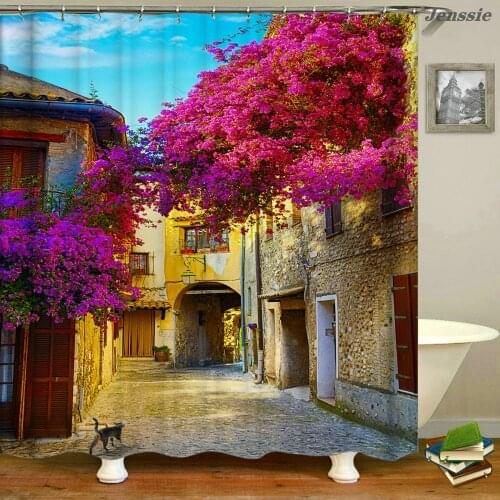 Pastoral Flower Scenery Bath Curtain 3D Garden Villa Street Forest Landscape Polyester Shower Curtain Waterproof Outdoor Curtain