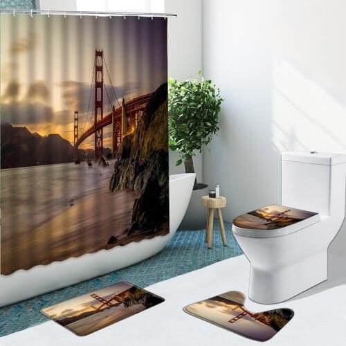 Golden Gate Bridge Mountain Shower Curtain City Scenery Non-Slip Flannel Rugs Toilet Cover Bath Mat Bathroom Set Indoor Decor