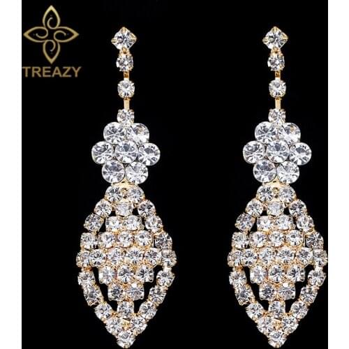 TREAZY Gold Color Crystal Bridal Long Earrings for Women Shiny Rhinestone Leaf Flower Dangle Earrings Party Wedding Jewelry Gift