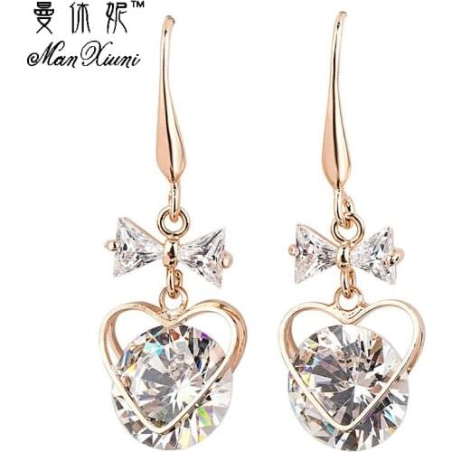 Fashion Gold Colored Cubic zirconia Dangle Earrings Bow Drop Lovely Heart Pendientes Bowknot Earring For Women Jewelry