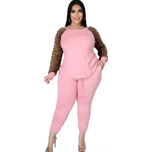 Two Piece Set Women 5XL Plus Size T Shirt Tops And Pant Suits Autumn New Leopard Patchwork Casual Home Wear Tracksuit Women Sets
